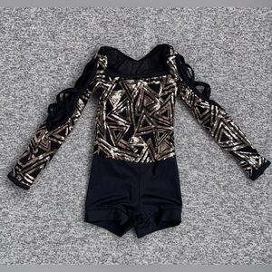 Weissman Girls Black Gold Sequin Thumbs Dance Leotard Biketard